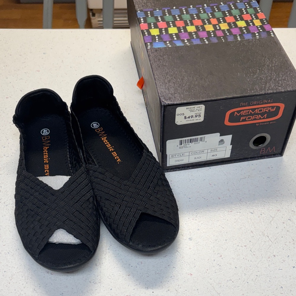 bernie mev. Black Woven Peep-Toe Slip-Ons